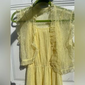 VTG 60s Long baby Yellow Lace dress w/coverlet • Union Made ILGWU •coquette girl